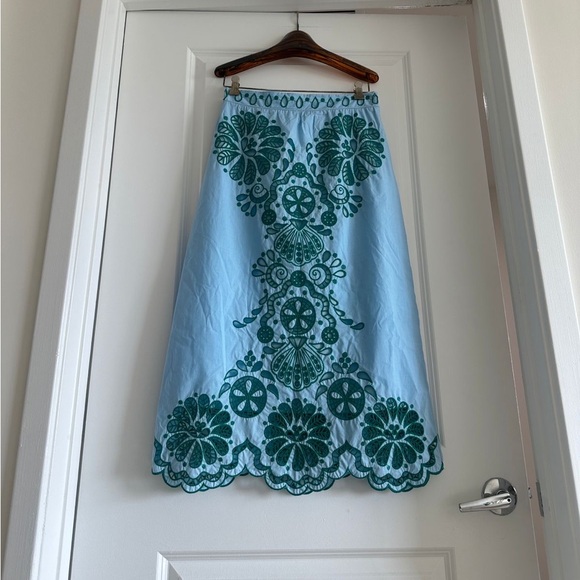 Farm Rio Light Blue And Green Graphic Richelieu Midi Skirt - Picture 4 of 9